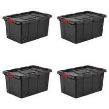 27 Gallon Industrial Tote, Rugged Plastic Storage Bin, Latch Lid, Black, 4 Count