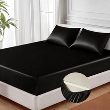 Satin Fitted Sheet King Size, Silky Bottom Sheet with Elastic Corner Straps, Dee