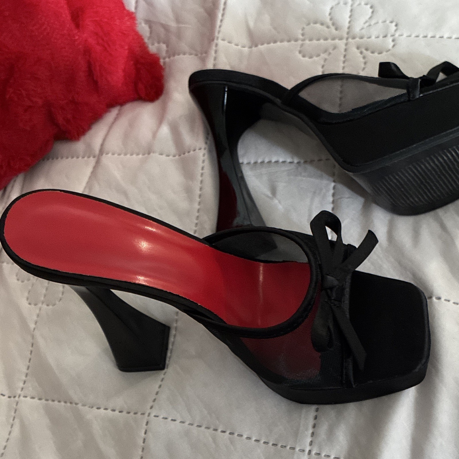 Women’s Black Leather Mule Heels Square Toe Block Heel Slip-On Bow, US 8
