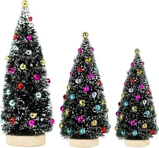 3 Pack Artificial Mini Tabletop Christmas Trees Tiny Frosted Bottle Brush Trees