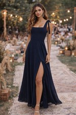 Lulus Love Me Forever Maxi Dress Sz XL Navy Blue Square Neck Tie Strap Gown