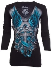 Archaic Affliction  Women's T-Shirt Long Sleeve ROSEMARY Tattoo Biker Black Teal