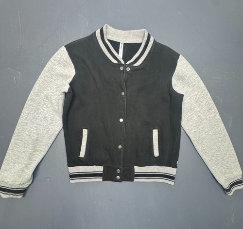 Fabletics Womens Varsity Bomber Jacket Size Large Black Gray Snap Front Casual