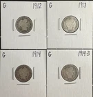 Lot of 4 Barber Silver Dimes 1912 1913 1914 1914-D – 90% US Silver – Early 1900s