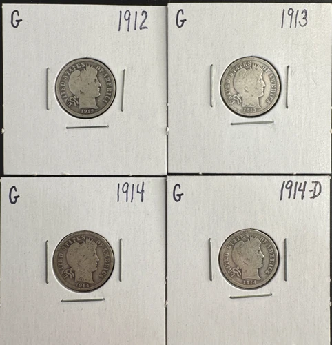 Lot of 4 Barber Silver Dimes 1912 1913 1914 1914-D – 90% US Silver – Early 1900s