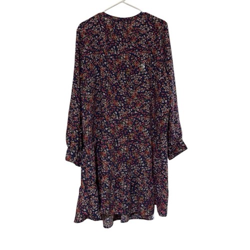 Time and Tru XXL Blue Pink Floral Tiered V Neck Babydoll Dress Long Sleeve Fall - Picture 2 of 10
