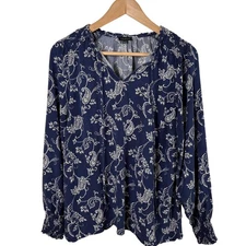Talbots Paisley Boho Blouse Women's Size M Tassels Smocking Navy Blue White
