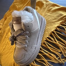 M.Phil Girls' Beige Faux Fur Lined Lace Up Ankle Sneakers Flat Casual Winter