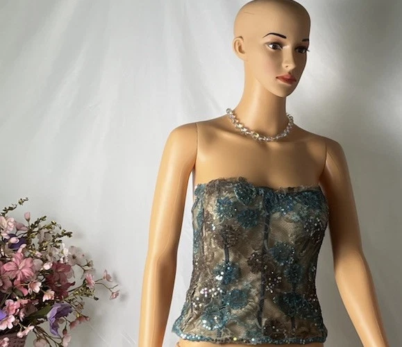 Alberto Makali Talla 12 Verde y Taupe Seda Encaje Lentejuelas Bustier-Cóctel Formal ¡GUAU! Foto 3 de 4