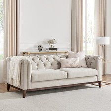 Dusk Chesterfield Stone Matte Velvet & Ash Wood Quilted 3 Seater Sofa RRP £559