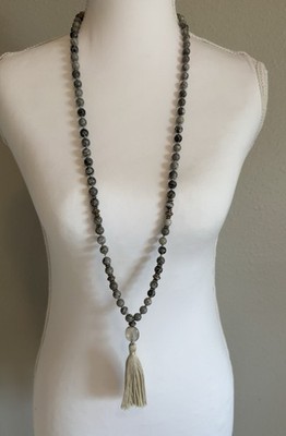 Artisan Handmade Picasso Jasper Knotted Necklace - Silver Tone Accents & Tassel