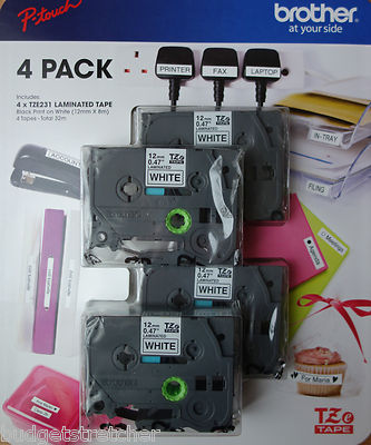 4 x Original Brother TZ-231/TZe-231 - 12 mm schwarz auf weiß laminiertes Klebeband P Touch