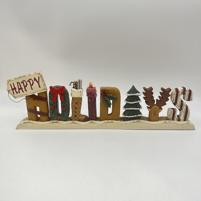 17'' Happy Holidays Christmas Table Shelf Mantel Wood Decor Letters Deer Tree