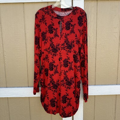 Lane Bryant Red Floral Fitted Mock Neck Keyhole Ruched Stretch Blouse Size  22/24