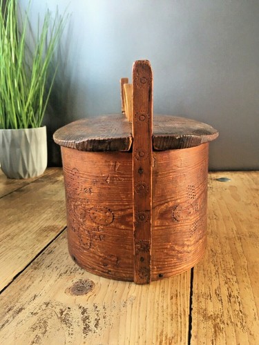 LARGE ANTIQUE 19TH C NORWEGIAN TINE BENTWOOD FOLK ART POKERWORK BOX SCANDINAVIAN - Picture 6 of 10