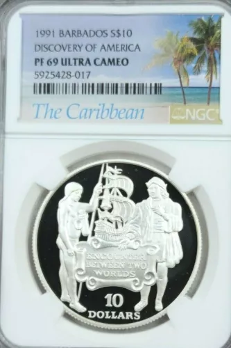 1991 BARBADOS SILVER 10 DOLLARS DISCOVERY OF AMERICA NGC PF 69 ULTRA CAMEO TOP