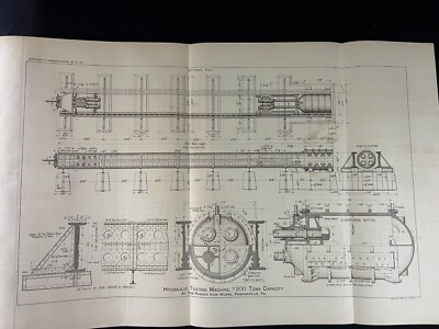 1891 Antique Drawing Illustration Hydraulic Testing Machine 1200 Tons Capacity