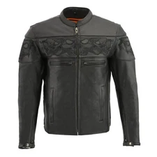 Men's Motorcycle Reflective Skull Scoter Crossover Leather Jacket Blk Brown Gray