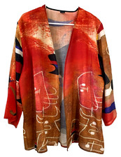 Cocoon Tao House Sz L/xl Hand-printed Ooak Art-to-wear Open Fine Wool Cardigan