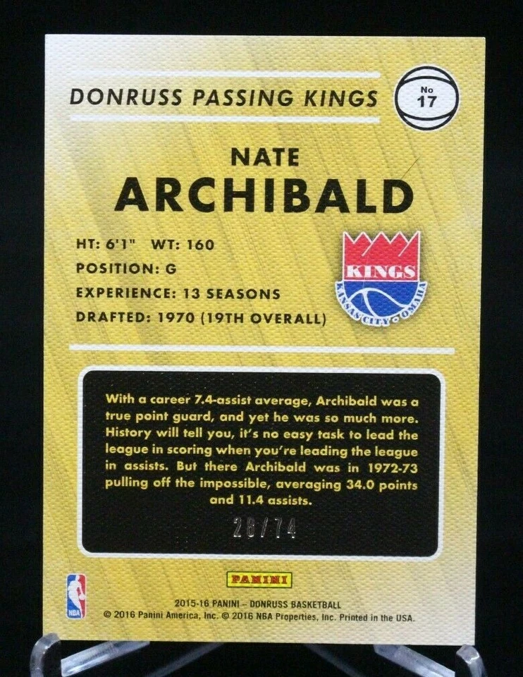 2015-16 Donruss Passing Kings #17 Nate Archibald Kansas City-Omaha Kings /74 - Image 2 of 2