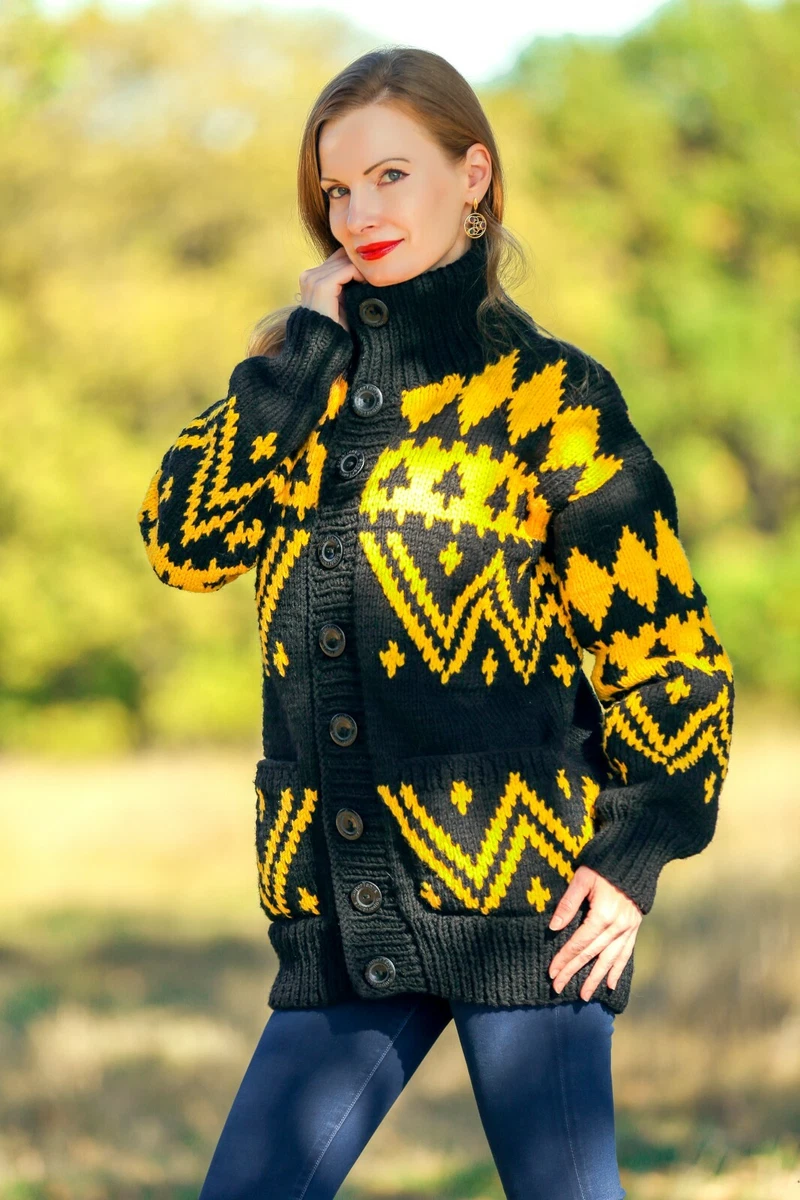 Black and top yellow cardigan
