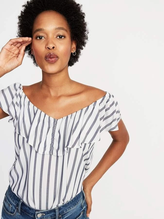 Old Navy Size L Sleeveless Ruffle Trim Top Blouse Blue White Stripe Off Shoulder