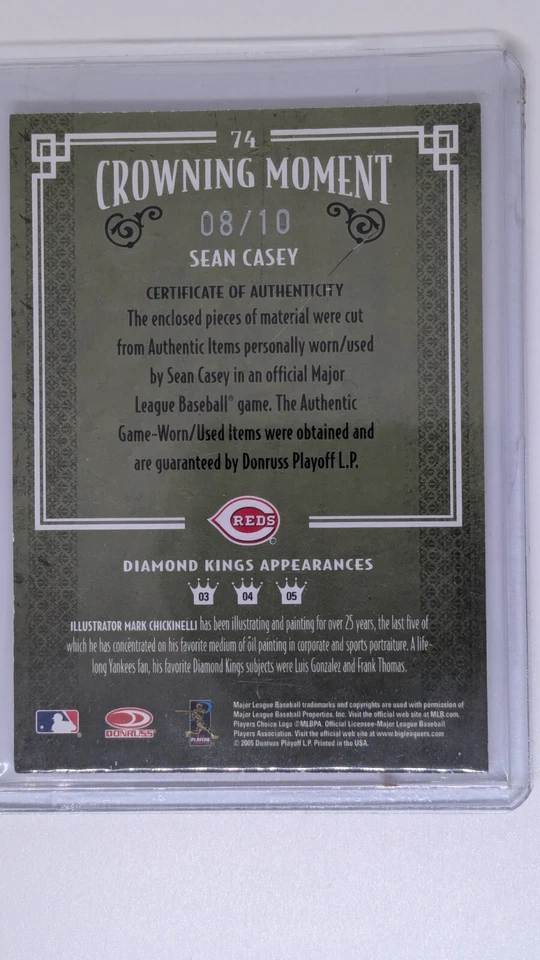 Camiseta deportiva Donruss Sean Casey Diamond Kings DK 2005 automática firmada por los Rojos 8/10 Foto 2 de 2
