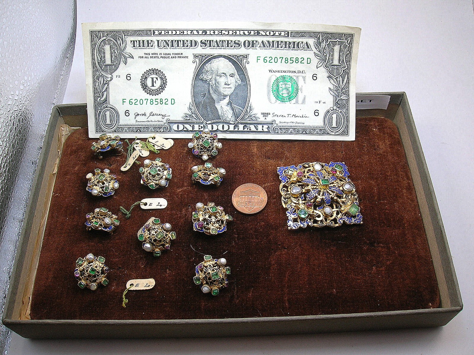 RARE 19TH C. AUSTRIAN 10 BUTTONS AND BROOCH SET WITH GEM STONES - NICE CONDITION