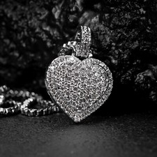 Women's White Gold Plated Iced Cz Honey Comb  Set Mini Heart Pendant Necklace