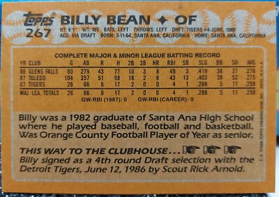 1988 Topps Billy Bean Baseball Card Detroit Tigers #267