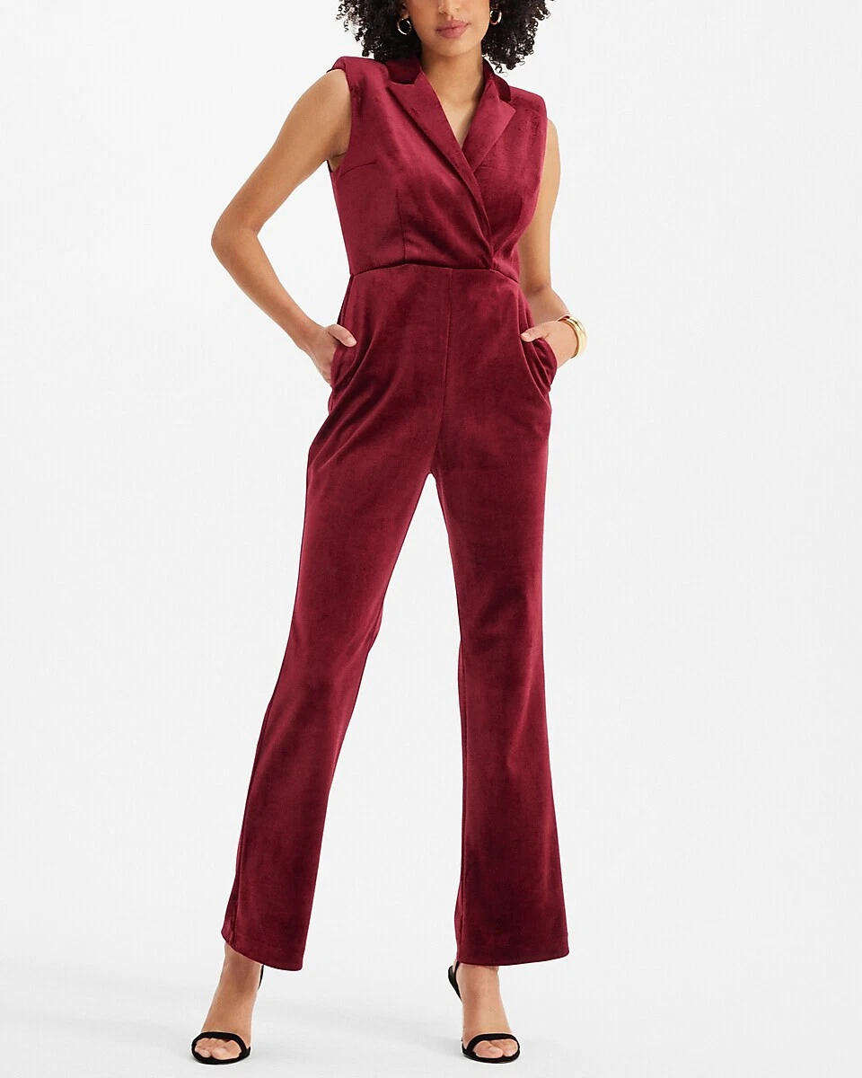 NEW EXPRESS 158 RUBY VELVET SLEEVELESS PEAK LAPEL BLAZER JUMPSUIT SZ 10