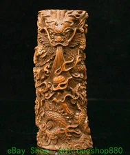 17CM Old Chinese Boxwood Carving Dragon Loong Brush Pot Pencil Holder Sculpture