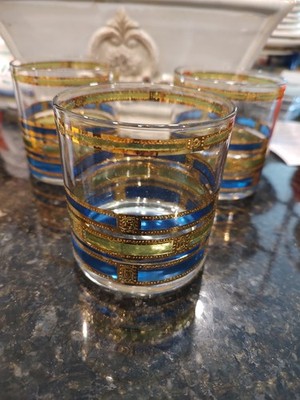 Culver MCM Empress Barware Rocks Glasses French Blue 22K Gold Trim