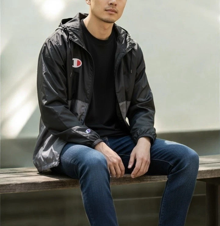 Champion Men’s Windbreaker anorak Jacket Black & Gray (Size 1XL)