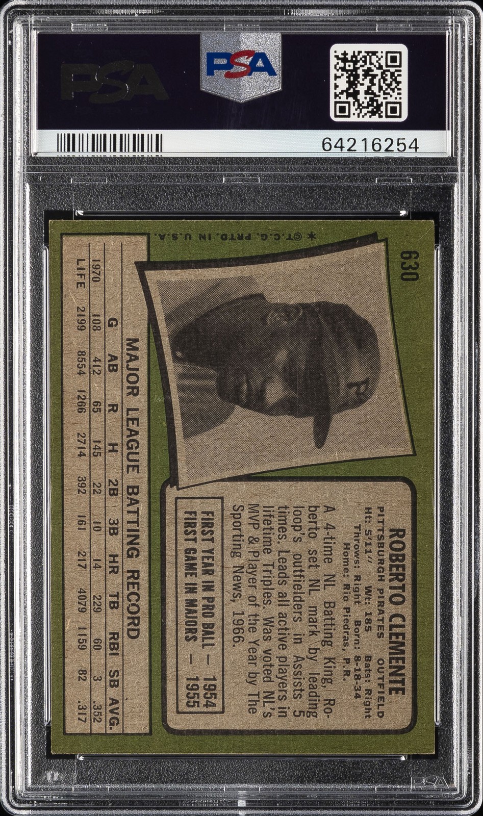 1971 TOPPS #630 ROBERTO CLEMENTE PSA 5 view 2