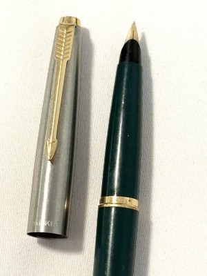 Vtg Parker 45 GT Fountain Pen Green Steel Cap Gold Trim Stainless M Nib Made USA
