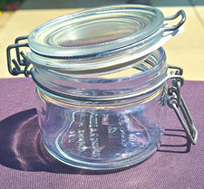 Corning Glassworks 1/4 L Clear Round Glass Storage Jar w/ Hinged Clamp Lid