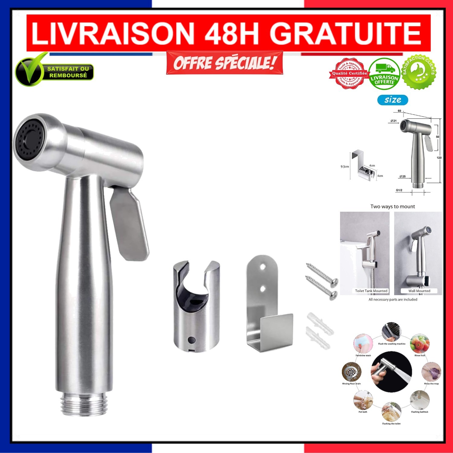 Kit douchette WC en acier inoxydable chromé pour hygiène intime
