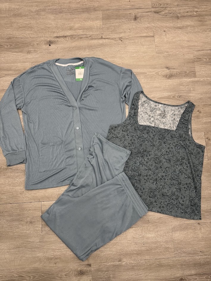 Women's 3 Piece Ribbed Lounge Set XL Blue Gray Cardigan Tank Drawstring Pants