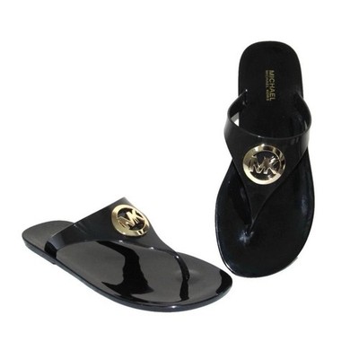 MICHAEL KORS Women s Sz 11 M Lillie Jelly Thong Sandals Black/Gold MK Logo NEW