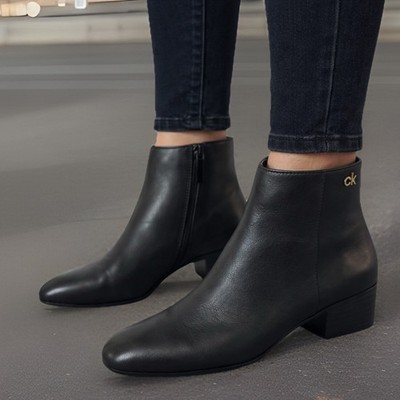Calvin Klein Jipsy Womens Booties Black Size 5 Low Block Heel Ankle Soft Leather