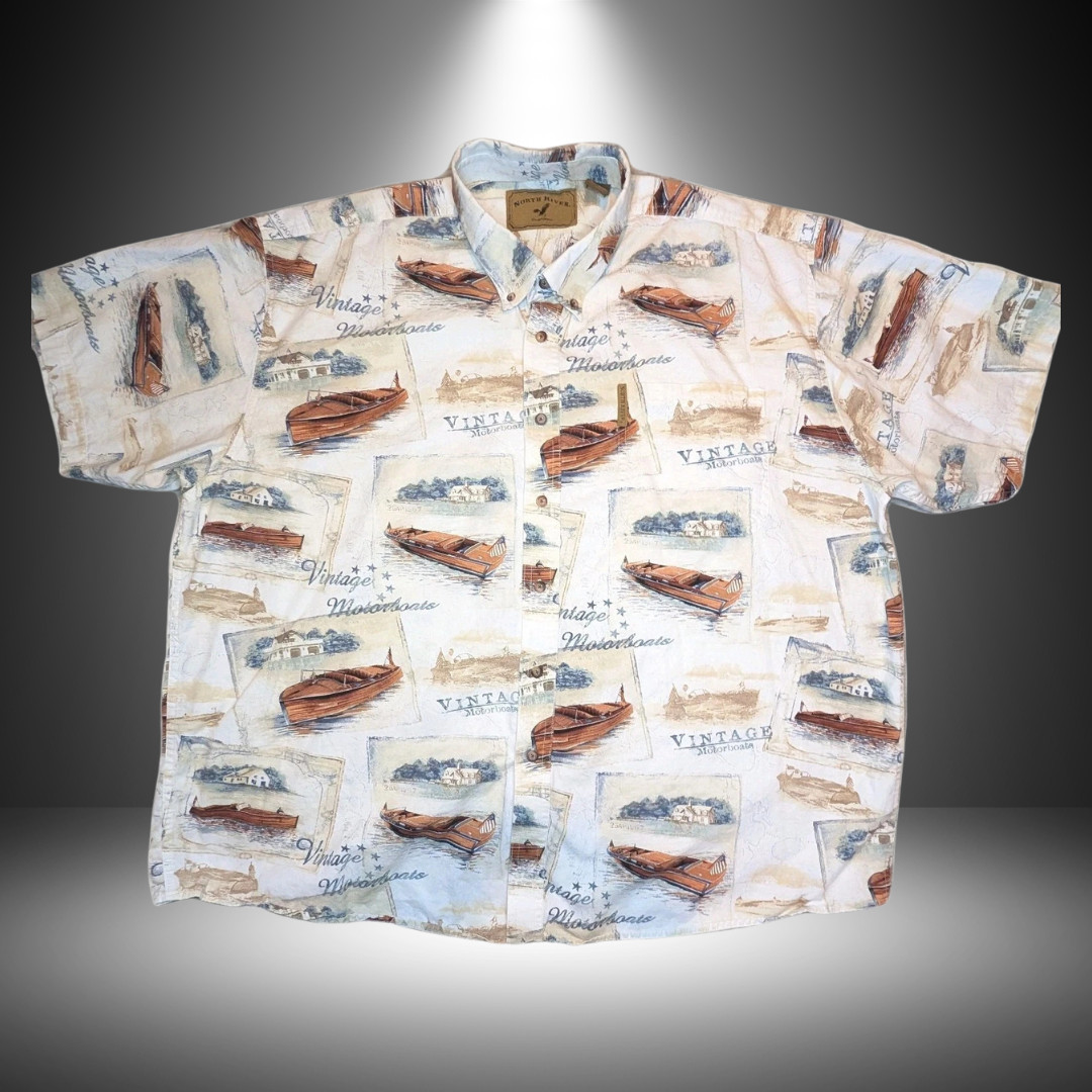 North River Outfitters Men’s XXL 100% Cotton Polo Shirt Vintage Boats Print