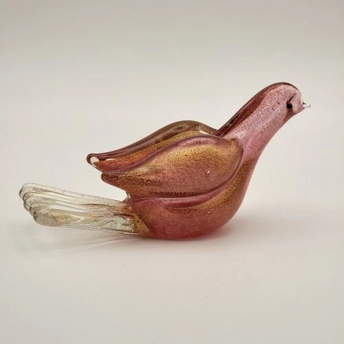 Vintage Murano Glass Galliano Ferro Pink And Gokd Bird Figurine With Label