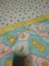 Vtg 60s Pastel Patchwork Children Animal W/ Satin Binding 43"x46" Baby Blanket