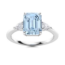 9x7MM Radiant Cut Aquamarine Gemstone 925 Sterling Silver Three Stone Women Ring
