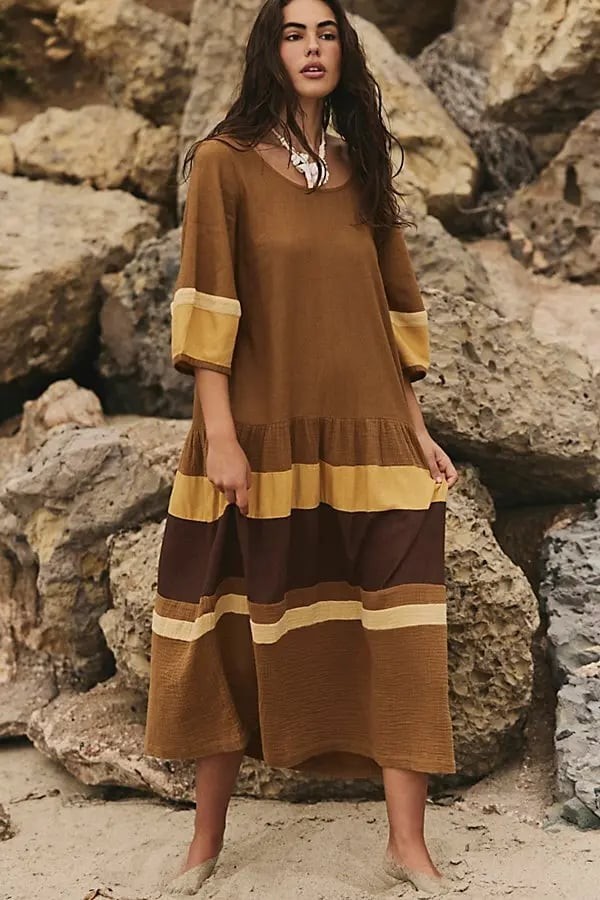 Free People Manda Midi Dress NWT Bronze Brown Colorblock S image 3