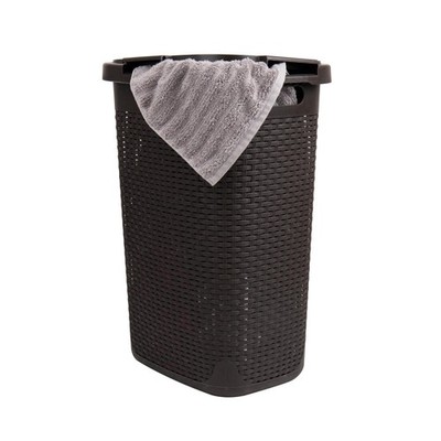 Slim Laundry Hamper with Lid, 60L Clothes Basket, Wicker Design, Plastic, Brown