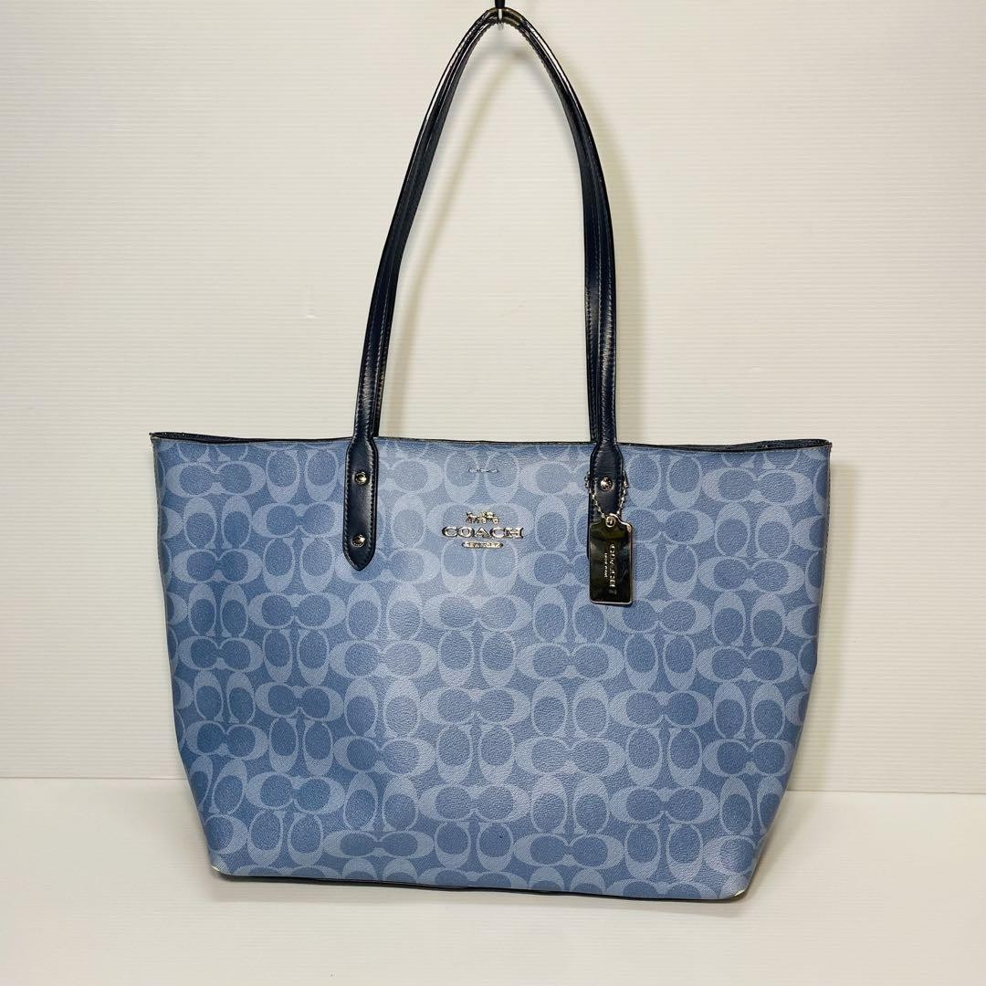 COACH Signature Leather Light Blue A4 Tote Bag Rare Authentic A-250729-7