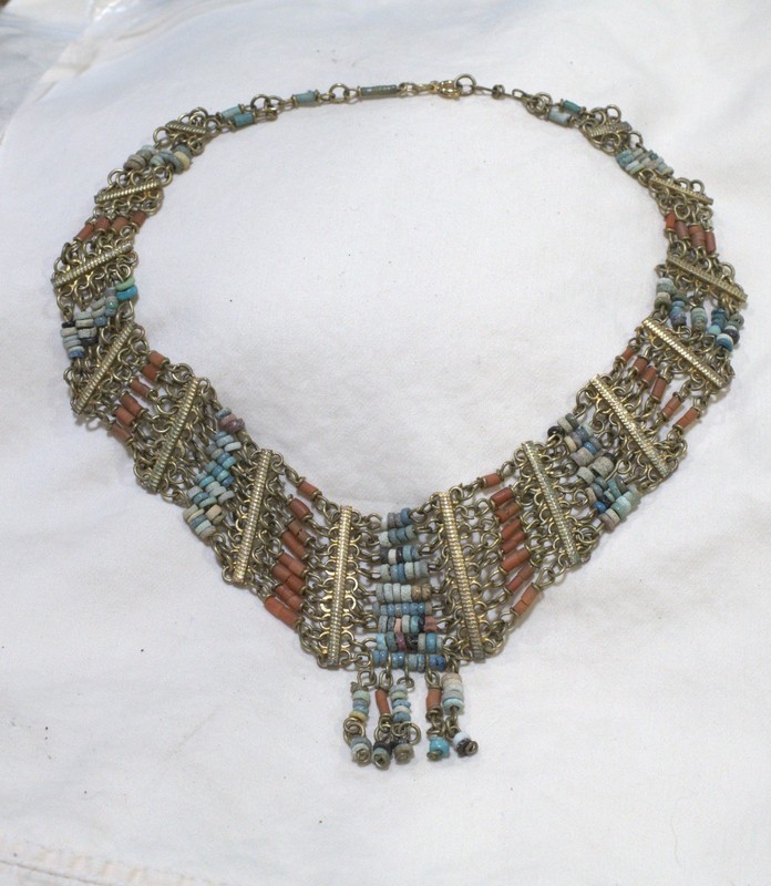 Egyptian Revival Necklace Bib Collar Nefertiti with Black Glass Beads 1930s