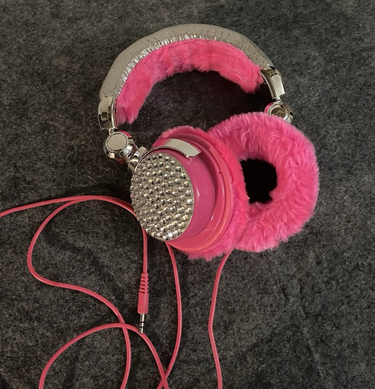 Girls Vtg Justice Retro Dazzling Rhinestone Hot Pink Furry Headphones Auxiliary